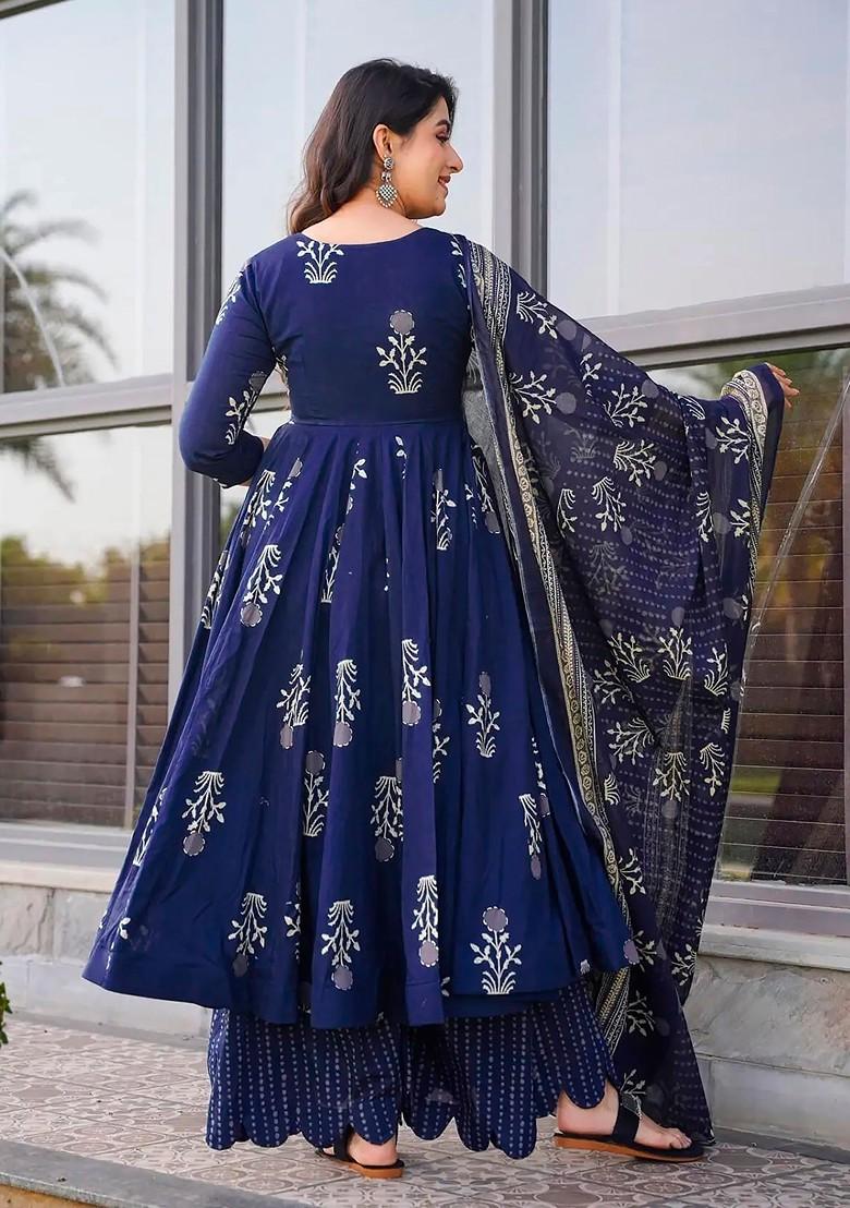 Royal Blue Printed Blended Muslin Kurta Set