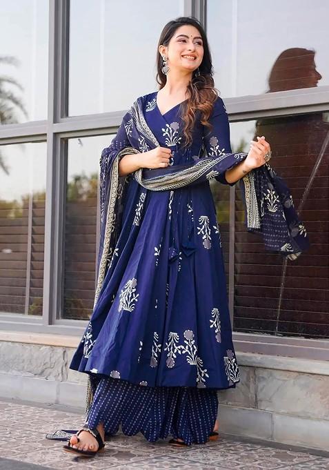 Royal Blue Printed Pure Muslin Kurta Set