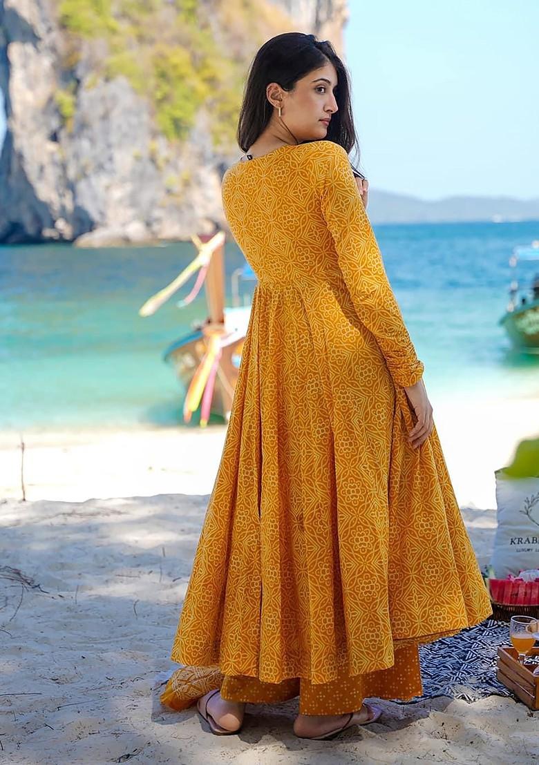 Pumpkin Yellow Printed Pure Muslin Kurta Set