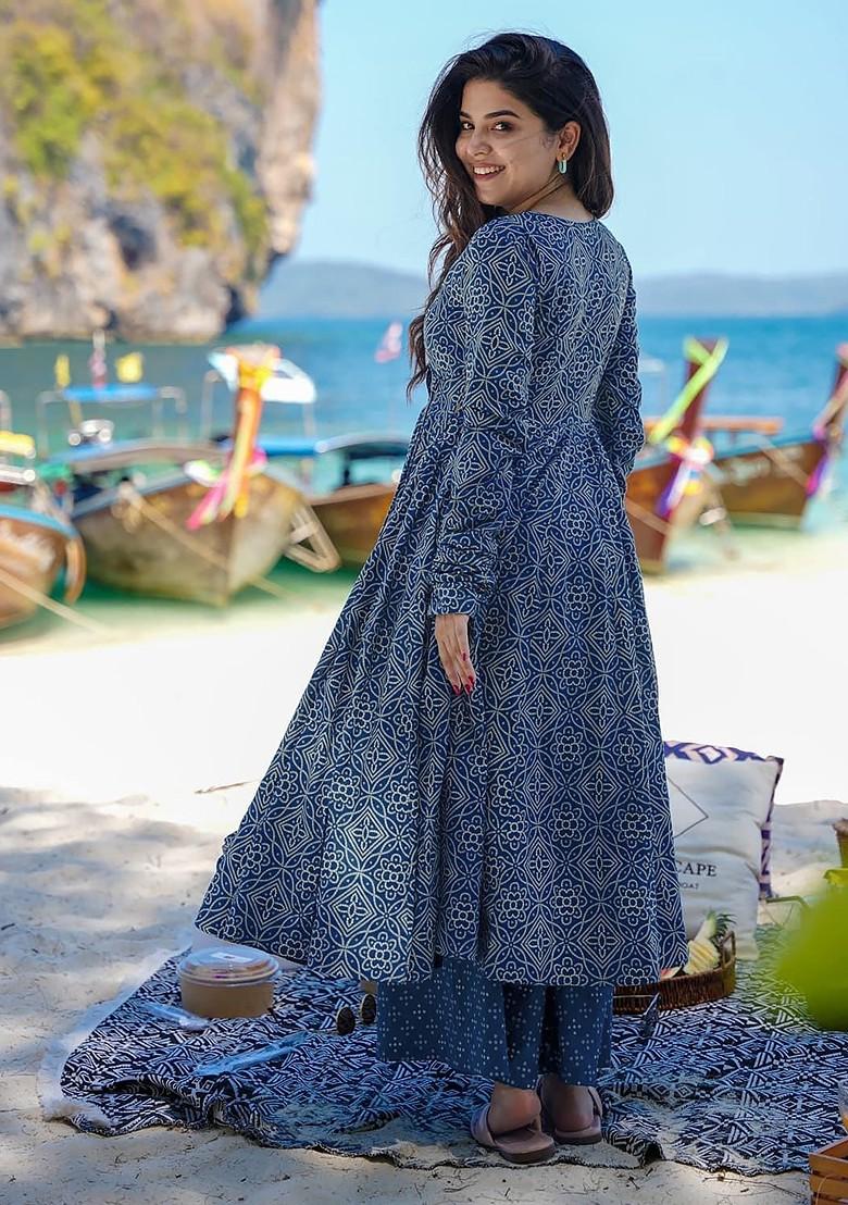 Navy Blue Printed Pure Muslin Kurta Set