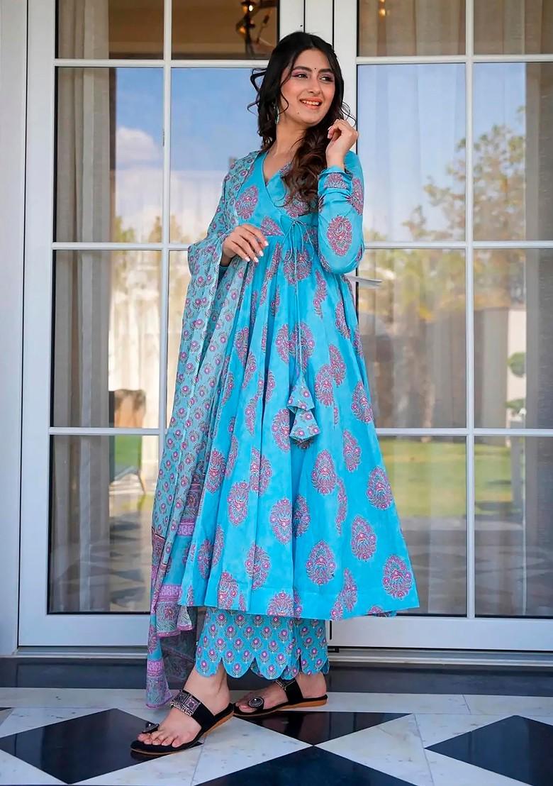 Electric Blue Printed Pure Muslin Kurta Set