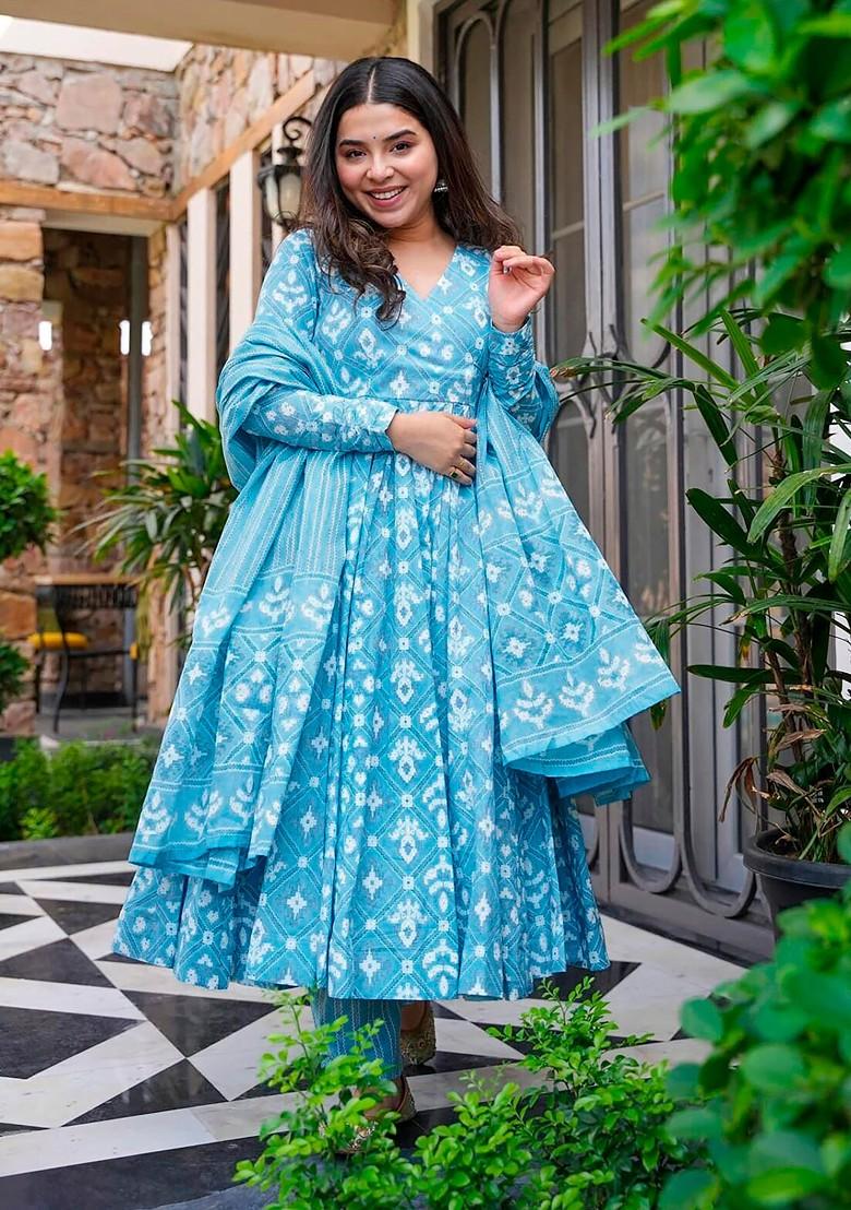 Bright Blue Printed Pure Muslin Kurta Set