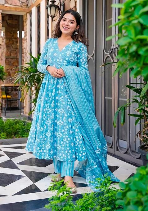 Bright Blue Printed Pure Muslin Kurta Set