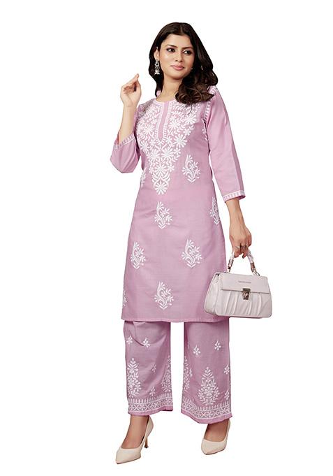 Pink Resham Embroidered Cotton Kurta Set