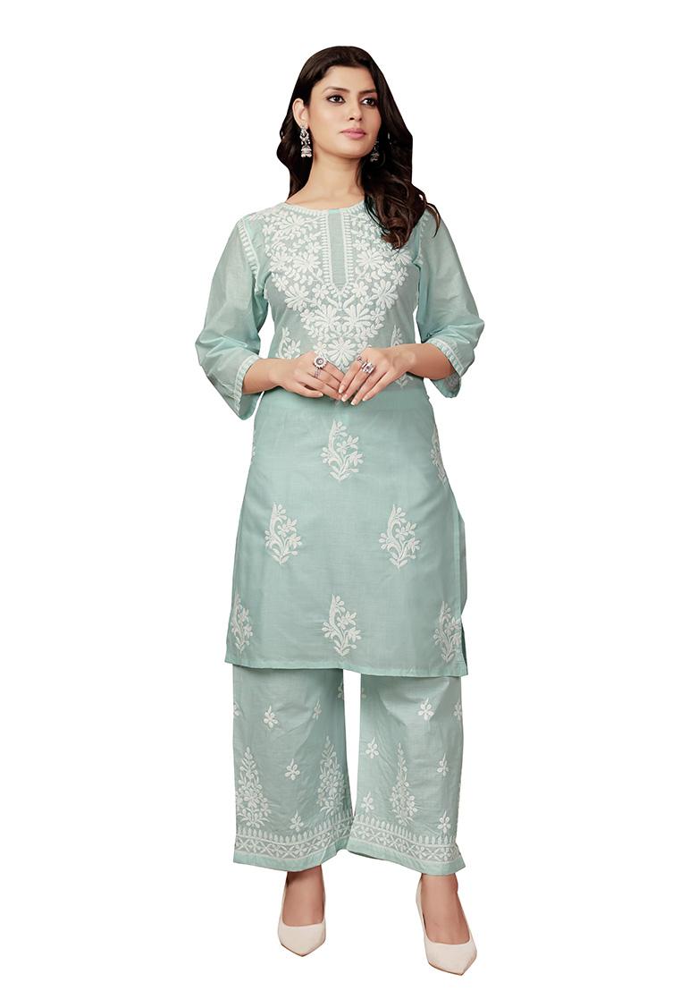 Blue Resham Embroidered Cotton Kurta Set