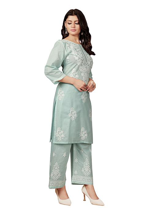 Blue Resham Embroidered Cotton Kurta Set