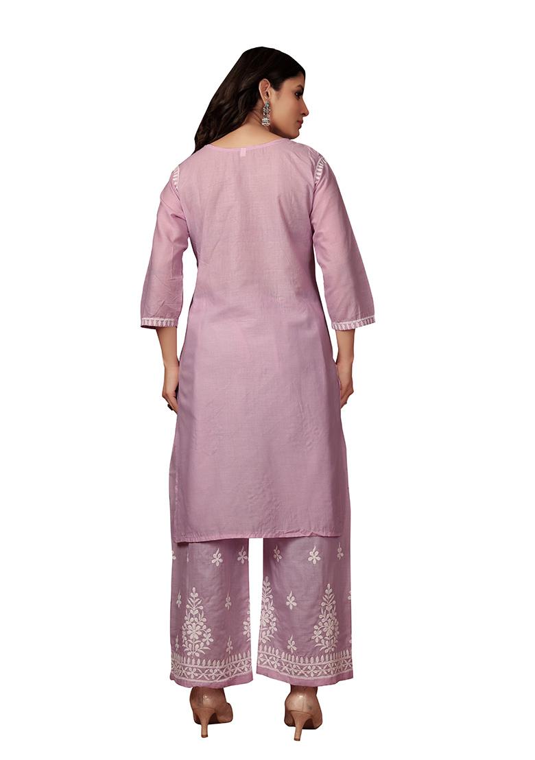Purple Resham Embroidered Cotton Kurta Set