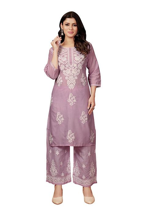 Purple Resham Embroidered Cotton Kurta Set