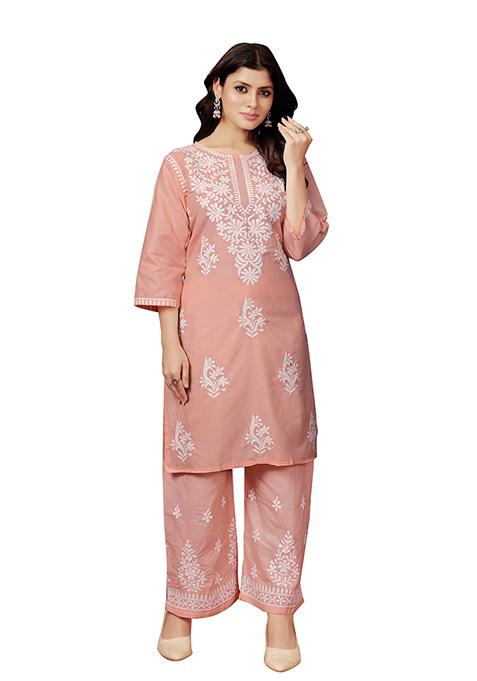 Peach Resham Embroidered Cotton Kurta Set