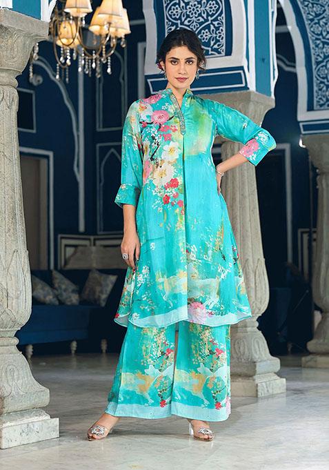 Sea Green Abstract Print Art Silk Kurta Set