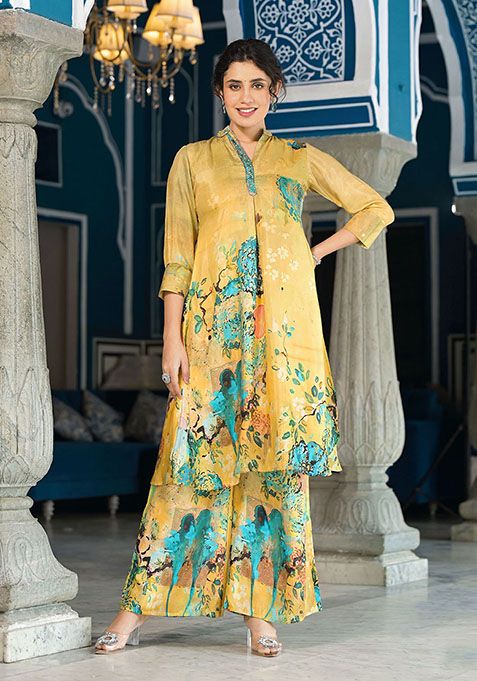 Olive Abstract Print Art Silk Kurta Set