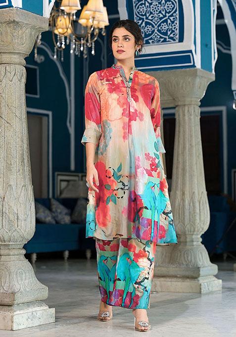 Multicolour Abstract Print Art Silk Kurta Set