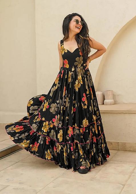 Black Abstract Print Rayon Anarkali Gown