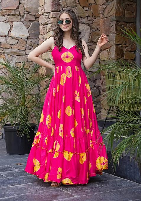 Pink Abstract Print Rayon Anarkali Gown