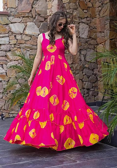 Pink Abstract Print Rayon Anarkali Gown