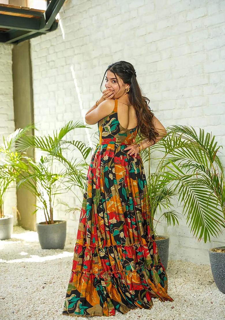 Multicolour Abstract Print Rayon Anarkali Gown