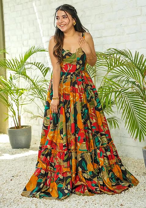 Multicolour Abstract Print Rayon Anarkali Gown