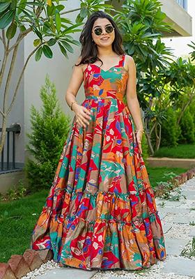 Multicolour Abstract Print Rayon Anarkali Gown