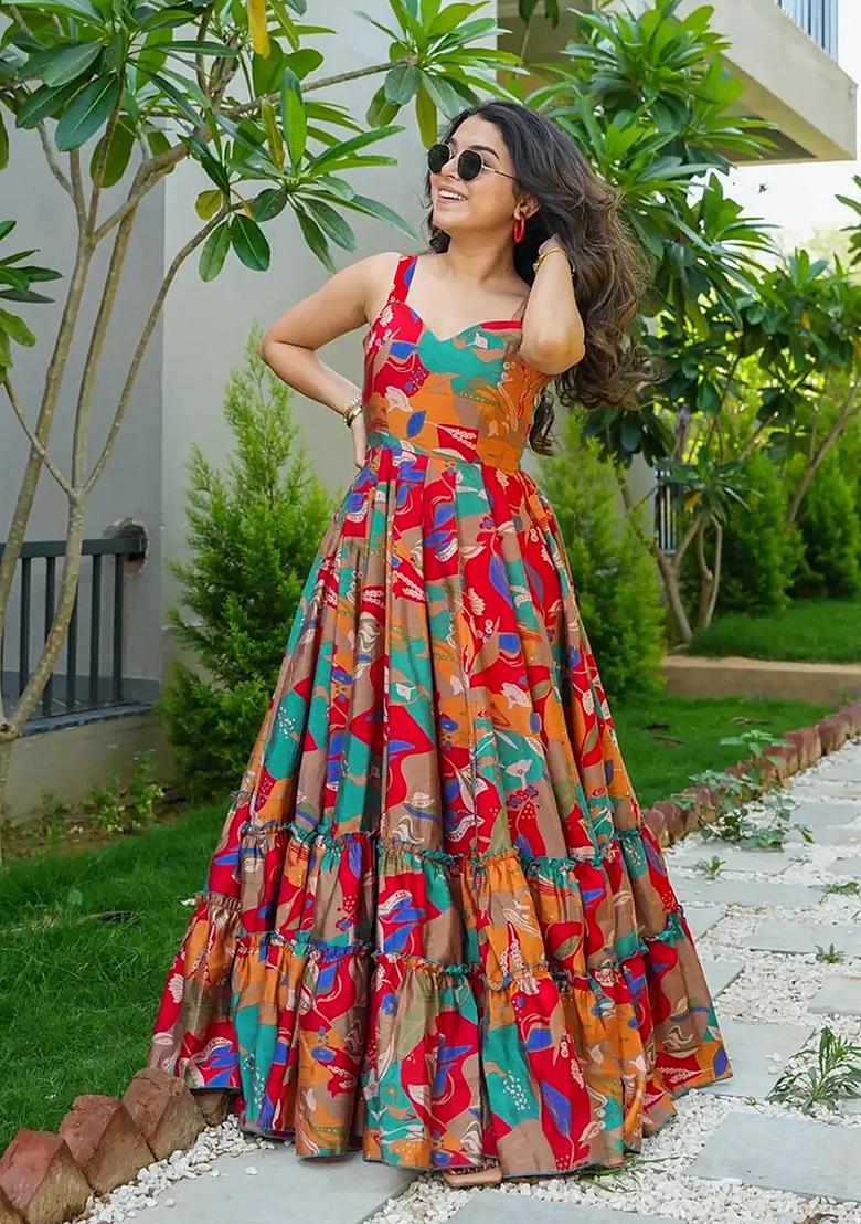Multicolour Abstract Print Rayon Anarkali Gown