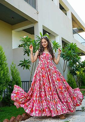 Pink Abstract Print Rayon Anarkali Gown