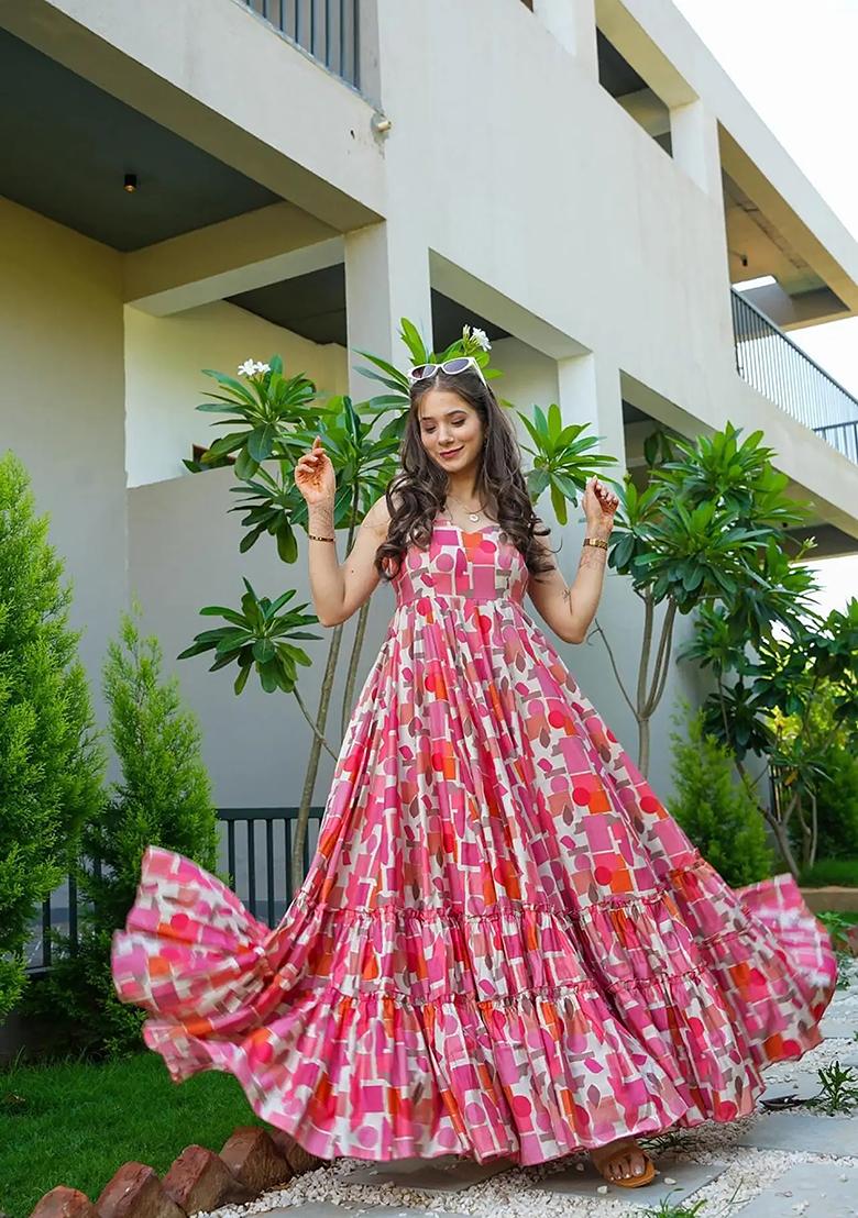 Pink Abstract Print Rayon Anarkali Gown