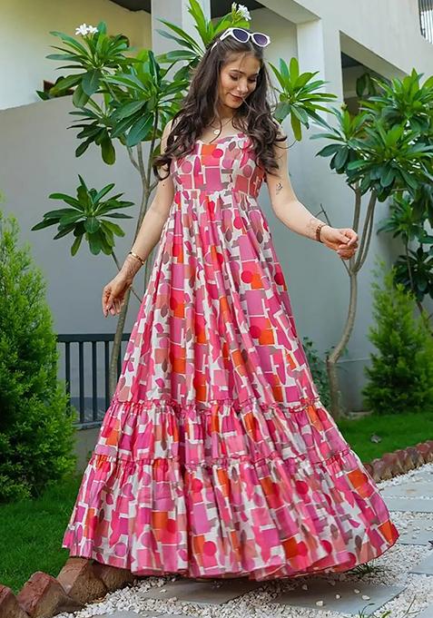 Pink Abstract Print Rayon Anarkali Gown