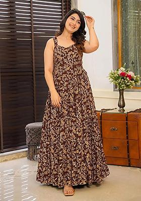 Brown Abstract Print Rayon Anarkali Gown