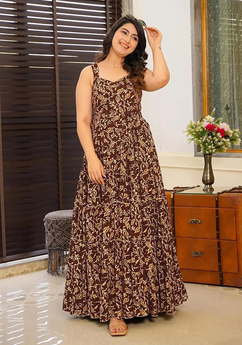 Brown Abstract Print Rayon Anarkali Gown