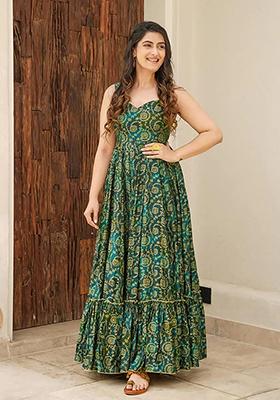 Green Abstract Print Rayon Anarkali Gown