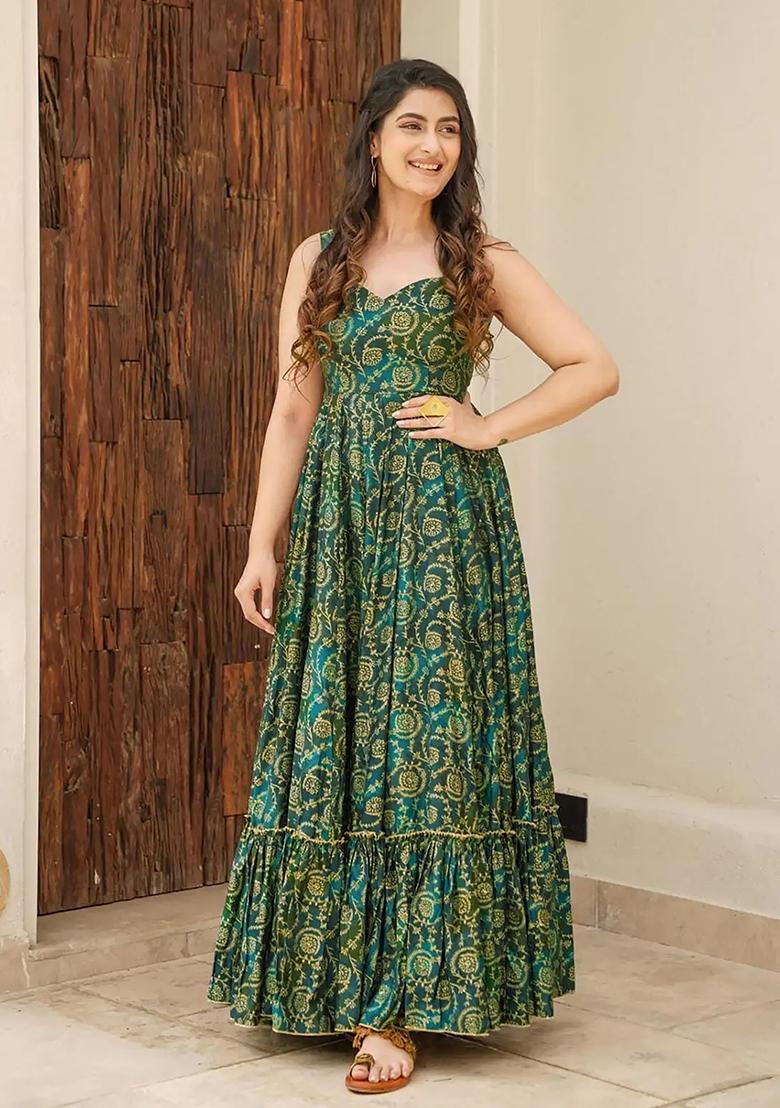 Green Abstract Print Rayon Anarkali Gown