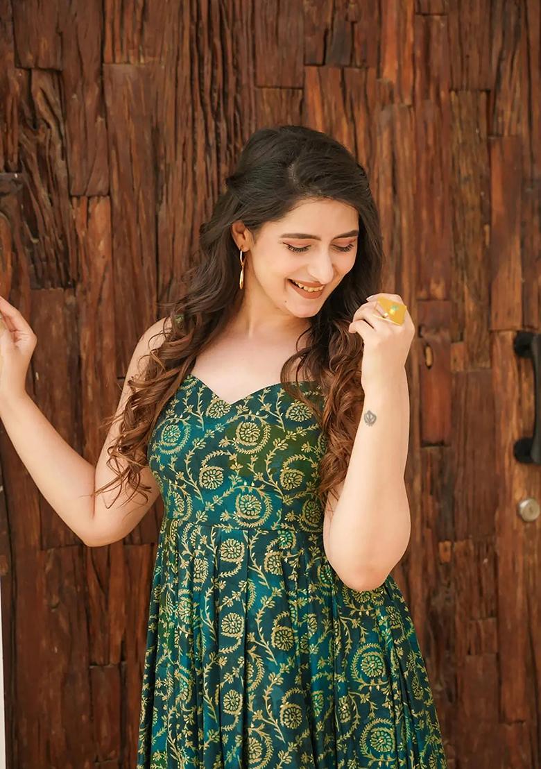 Green Abstract Print Rayon Anarkali Gown