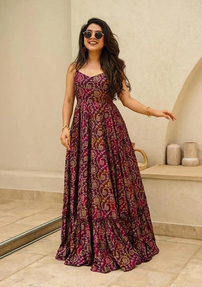 Purple Abstract Print Rayon Anarkali Gown