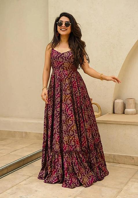 Purple Abstract Print Rayon Anarkali Gown