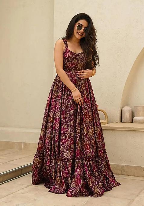 Purple Abstract Print Rayon Anarkali Gown