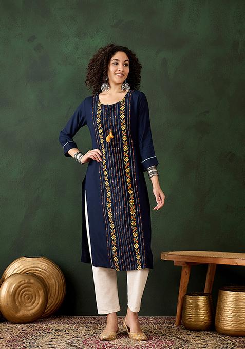 Navy Blue Resham Embroidered Rayon Kurta