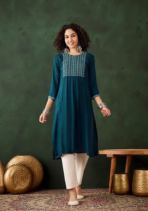 Teal Blue Resham Embroidered Rayon Kurta