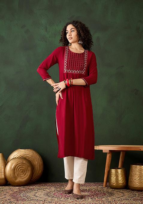 Red Resham Embroidered Rayon Kurta