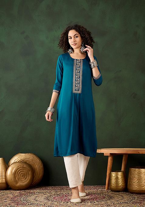 Blue Resham Embroidered Art Silk Kurta