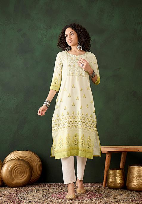 Light Green Resham Embroidered Rayon Kurta