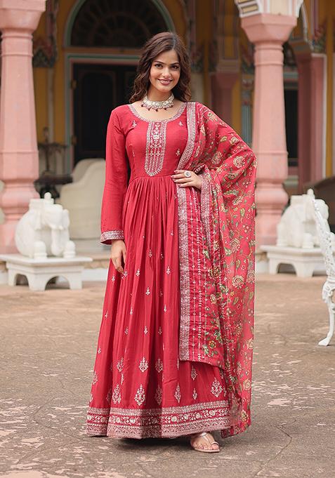 Maroon Zari Embroidered Art Silk Gown With Dupatta