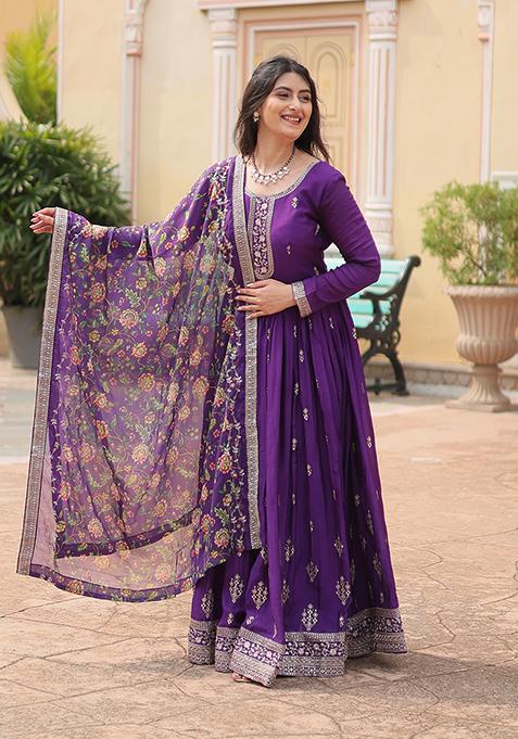 Purple Zari Embroidered Art Silk Gown With Dupatta