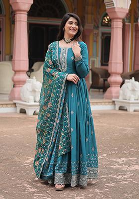 Green Zari Embroidered Art Silk Gown With Dupatta