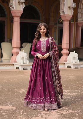 Wine Zari Embroidered Art Silk Gown With Dupatta