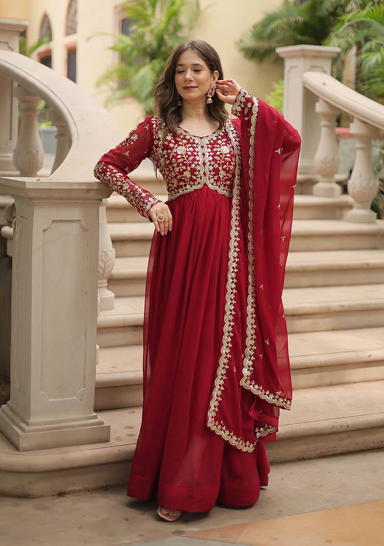 Maroon Zari Embroidered Georgette Gown With Dupatta