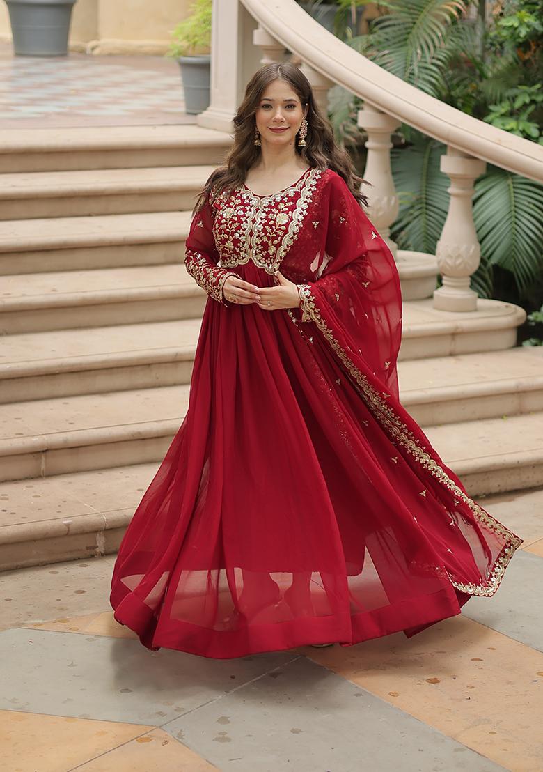 Maroon Zari Embroidered Georgette Gown With Dupatta