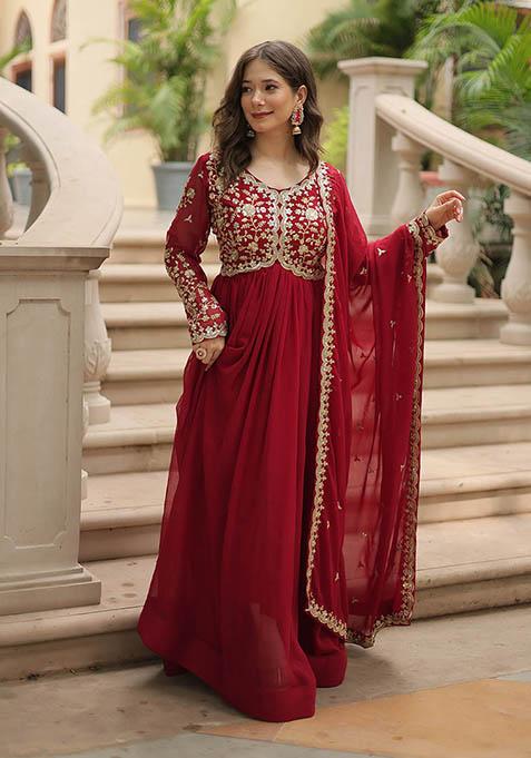 Maroon Zari Embroidered Georgette Gown With Dupatta