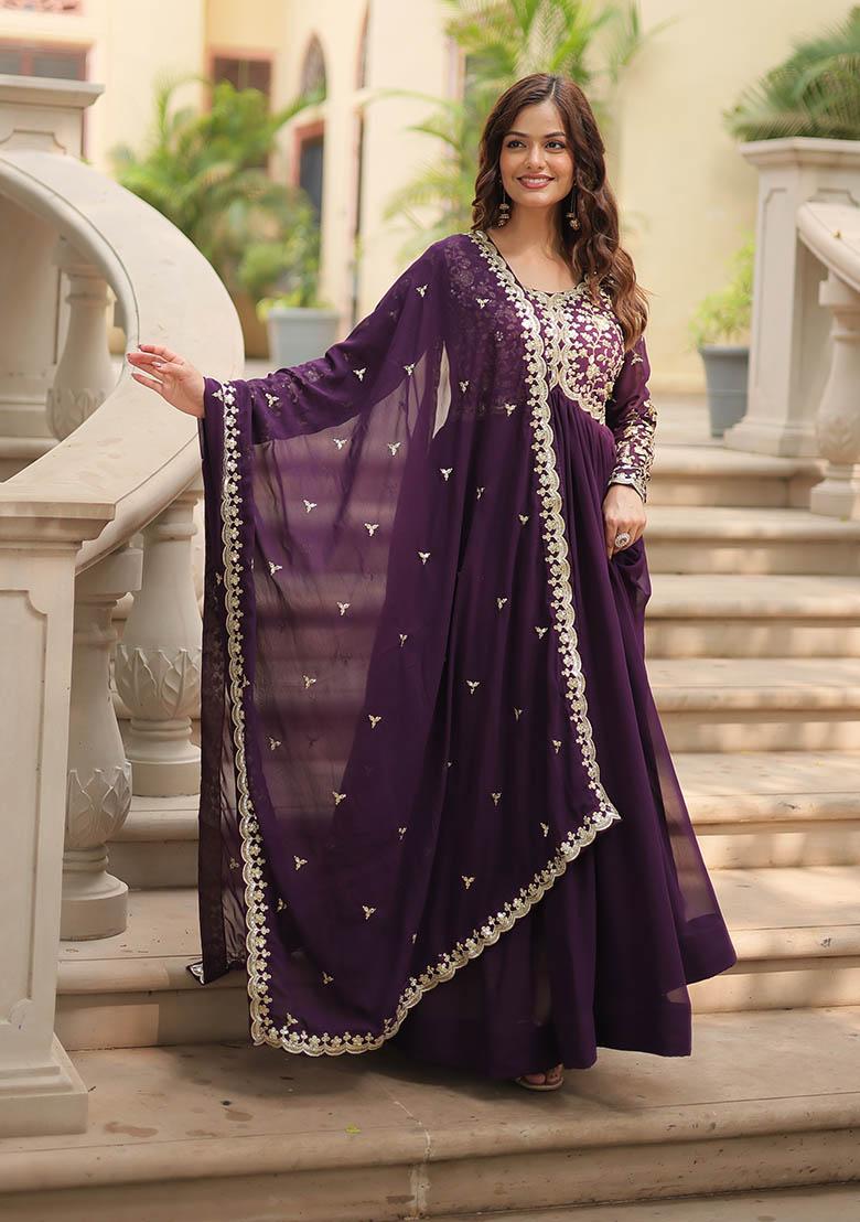 Wine Zari Embroidered Georgette Gown With Dupatta