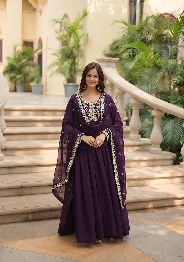 Wine Zari Embroidered Georgette Gown With Dupatta