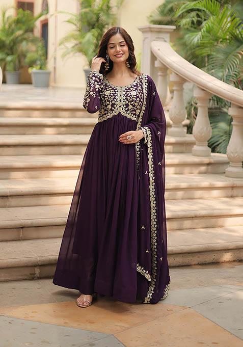 Wine Zari Embroidered Georgette Gown With Dupatta