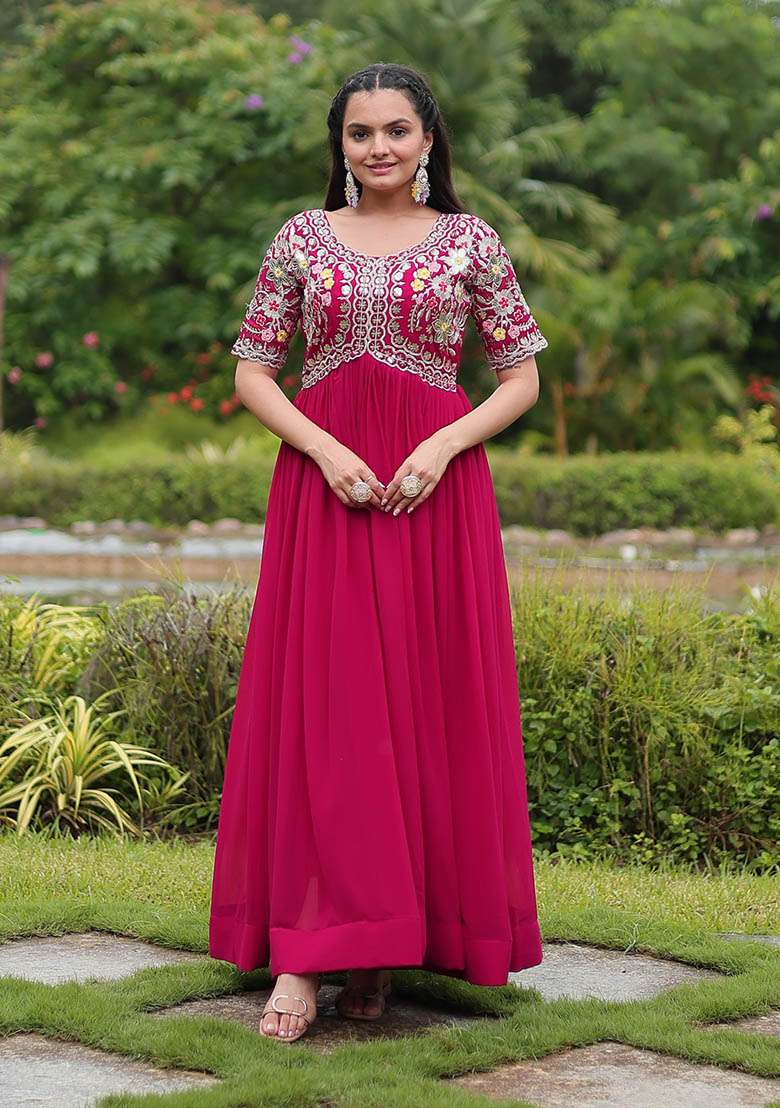 Pink Zari Embroidered Georgette Gown - Indya